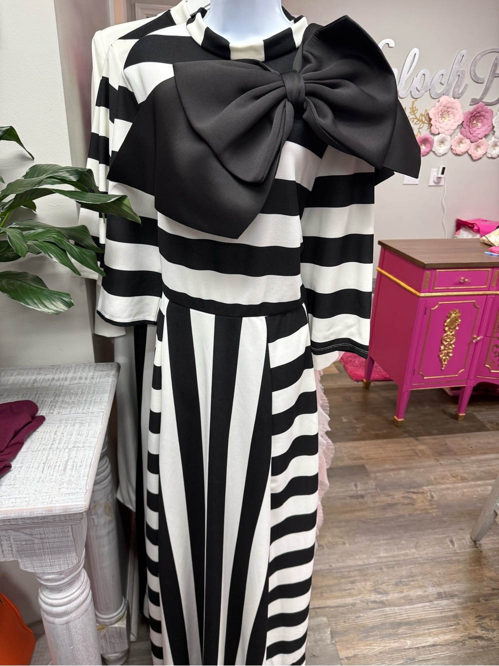 NEW Black & White Striped Fit-and-Flare Dress with Bow - Picture 2 of 3